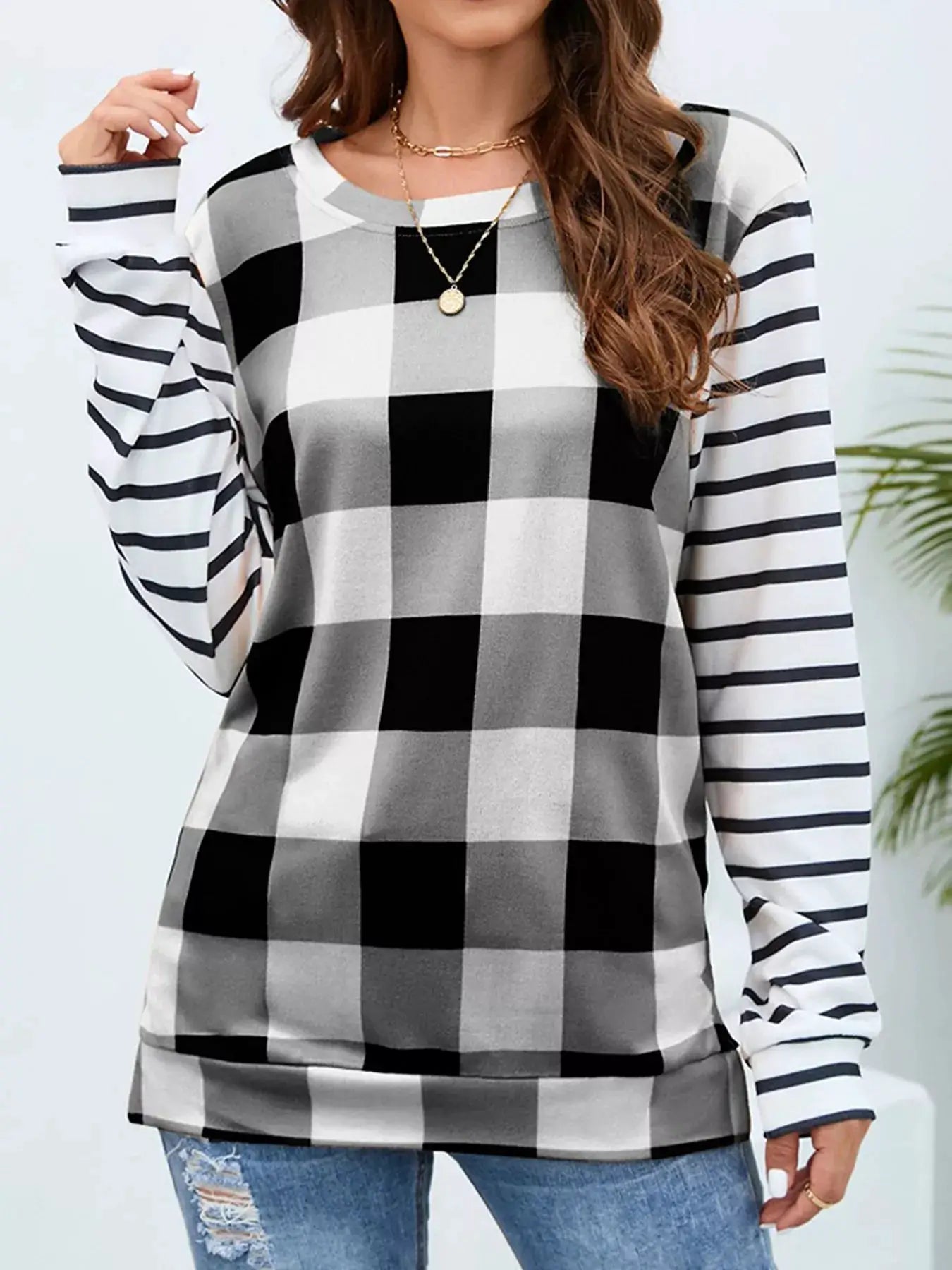 Plaid and Stripe Contrast Long Sleeve T-Shirt by Trendsi