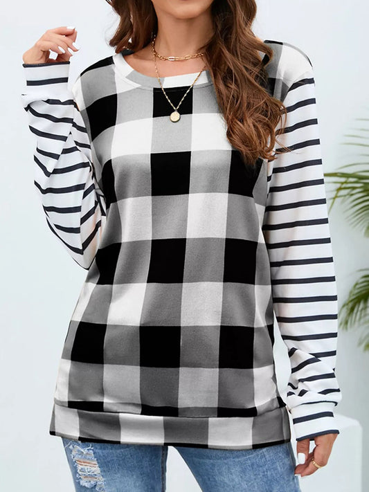 Plaid and Stripe Contrast Long Sleeve T-Shirt - Bitsy Gypsy Boutique
