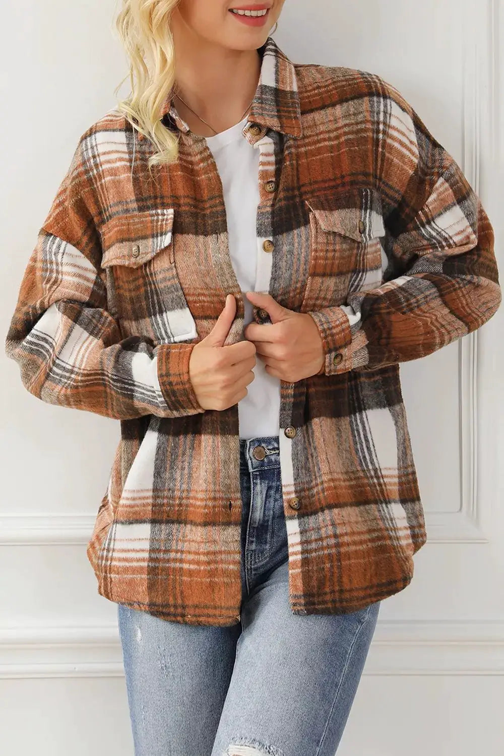 Plaid Button Up Shacket by Trendsi