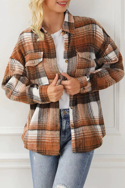 Plaid Button Up Shacket by Trendsi