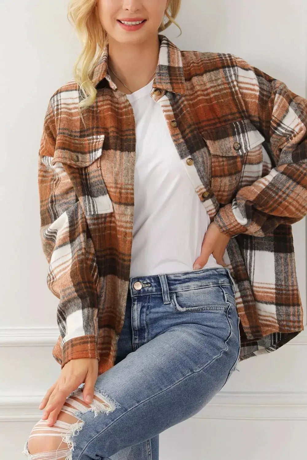 Plaid Button Up Shacket by Trendsi