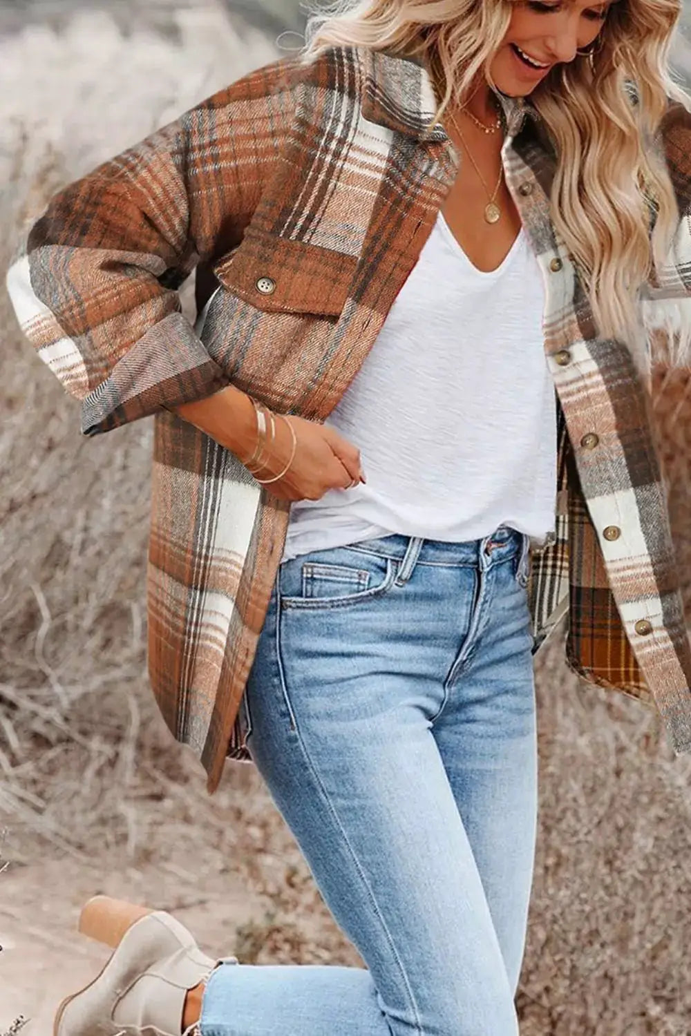 Plaid Button Up Shacket by Trendsi