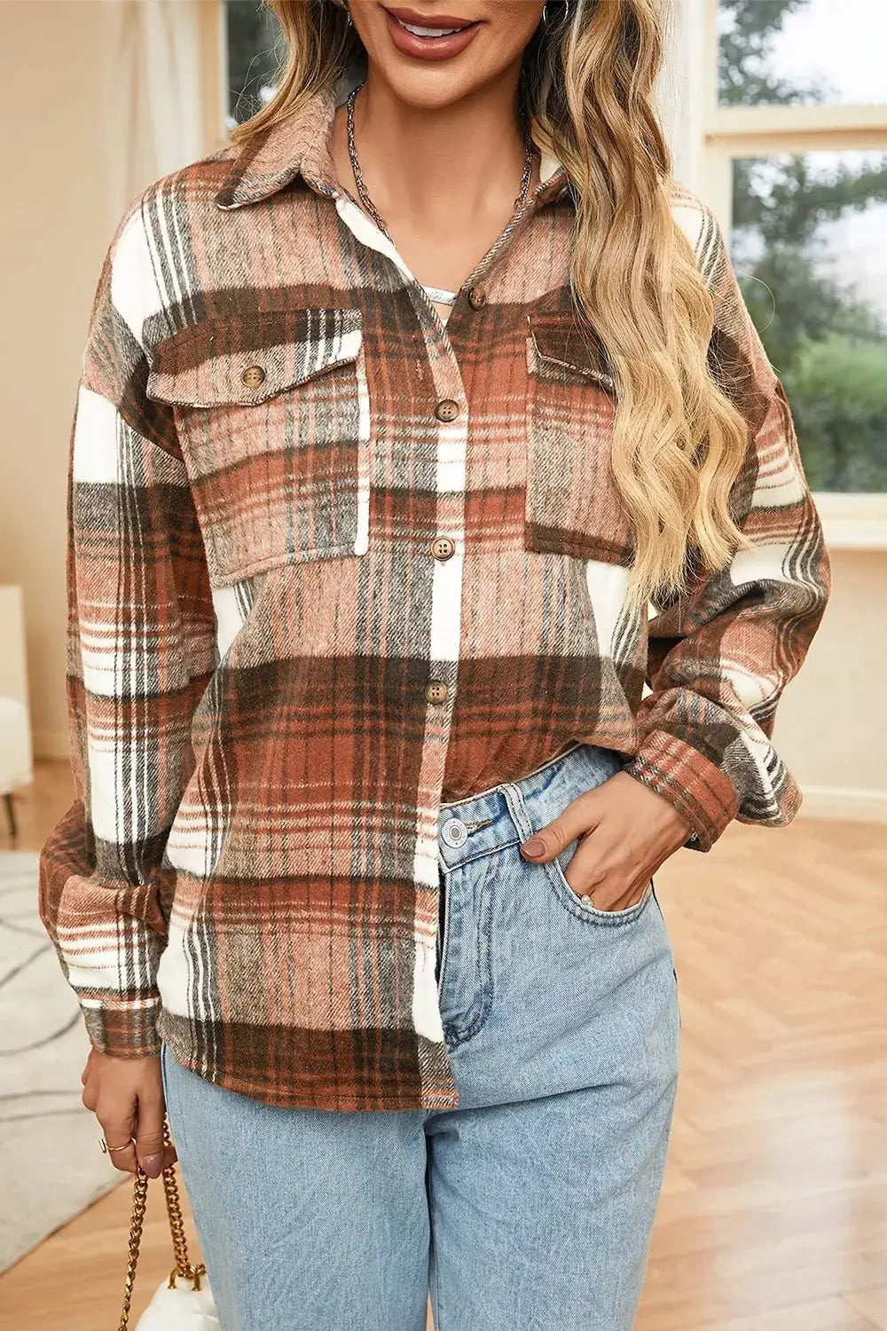 Plaid Button Up Shacket by Trendsi