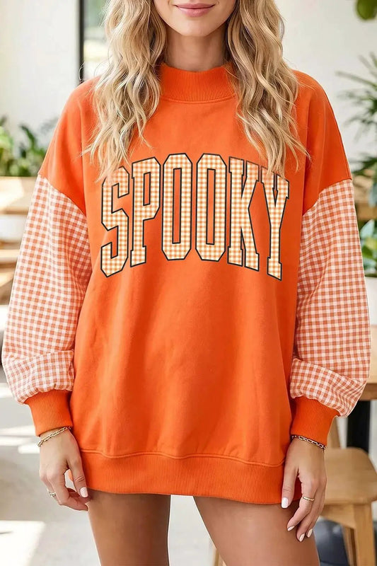 Plaid Contrast Sleeve SPOOKY Letter Graphic Sweatshirt - Bitsy Gypsy Boutique
