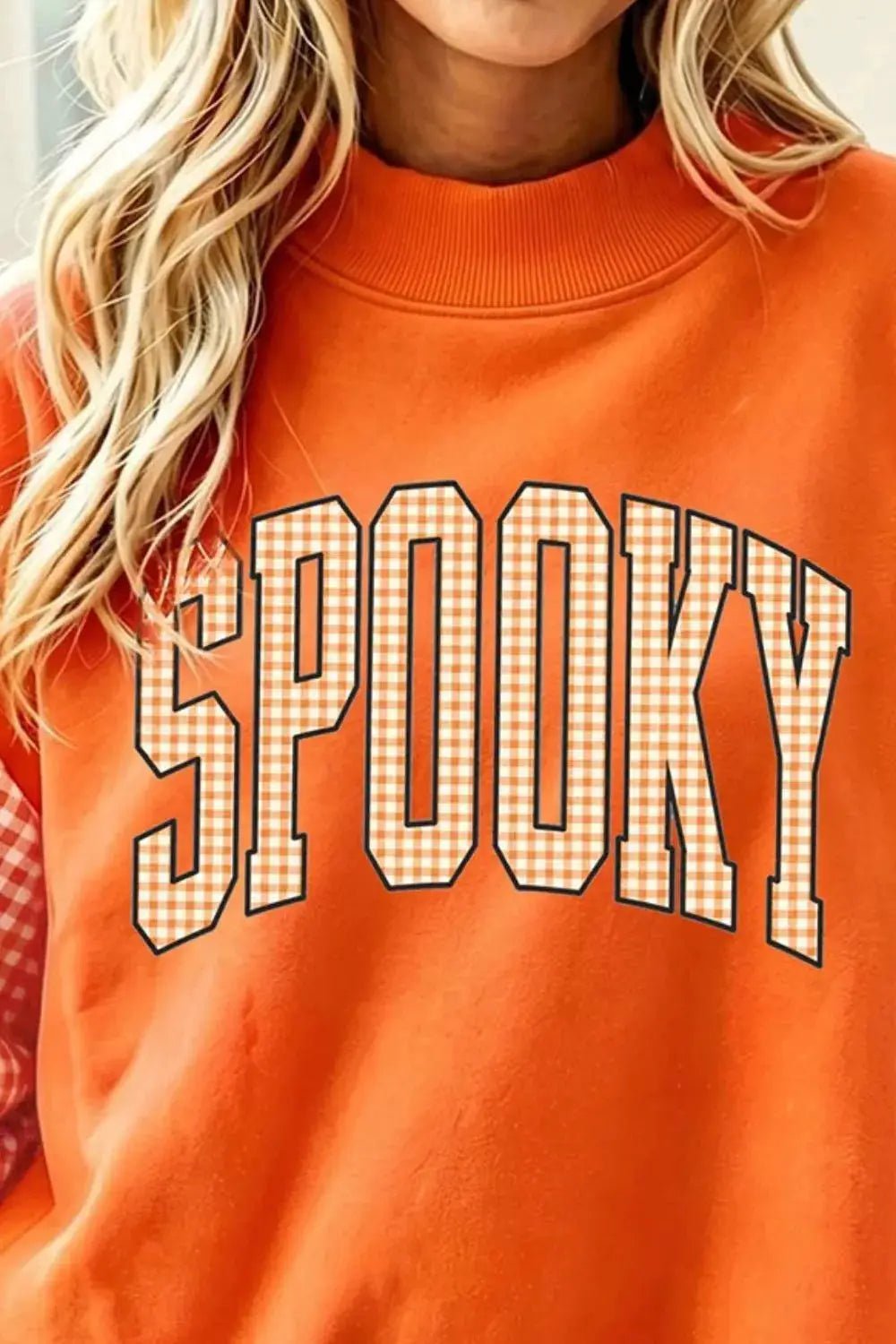Plaid Contrast Sleeve SPOOKY Letter Graphic Sweatshirt - Bitsy Gypsy Boutique