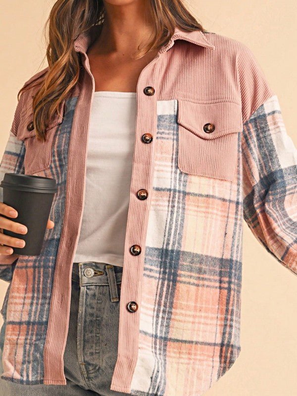 Plaid Corduroy Patch Pocket Loose Shacket Shirt - Bitsy Gypsy Boutique