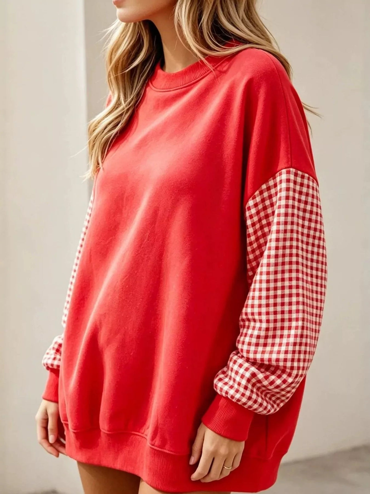 Plaid Dropped Shoulder Sweatshirt - Bitsy Gypsy Boutique