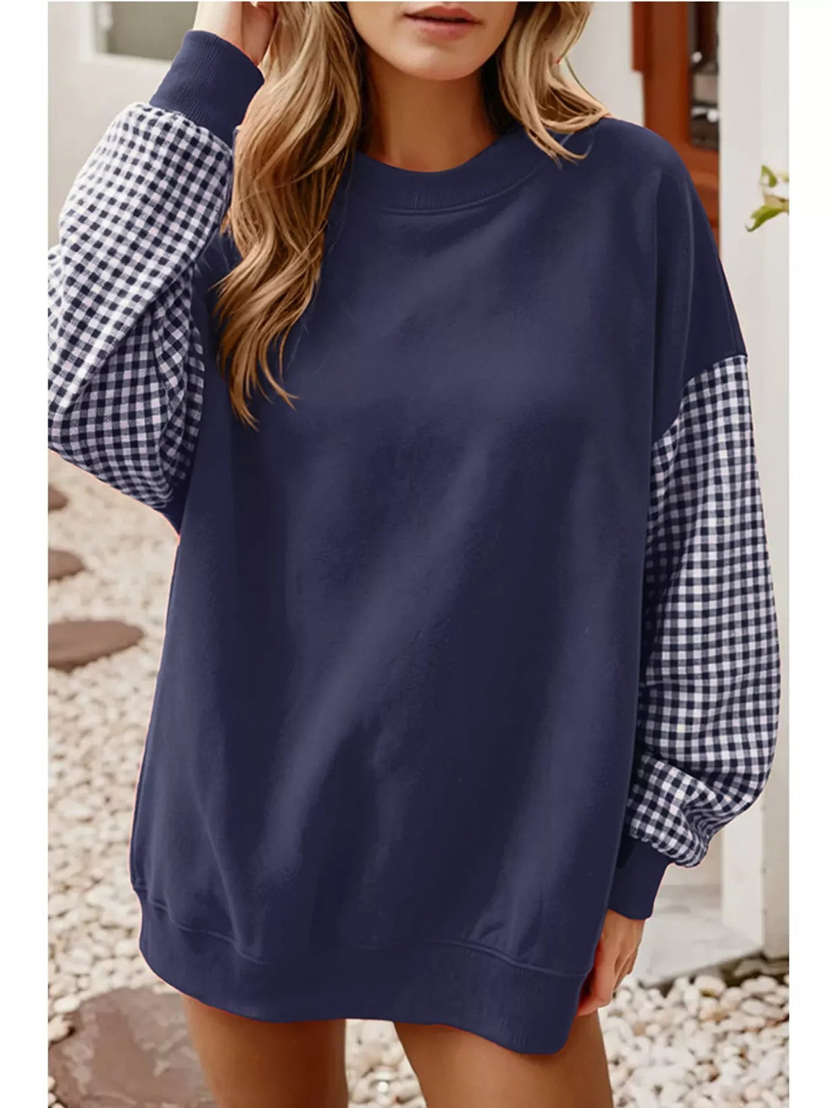 Plaid Dropped Shoulder Sweatshirt - Bitsy Gypsy Boutique