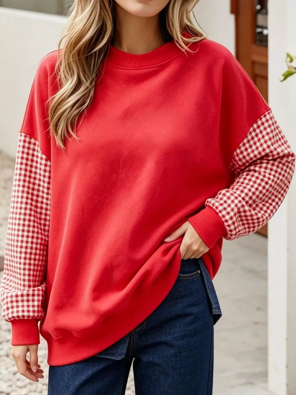 Plaid Dropped Shoulder Sweatshirt - Bitsy Gypsy Boutique