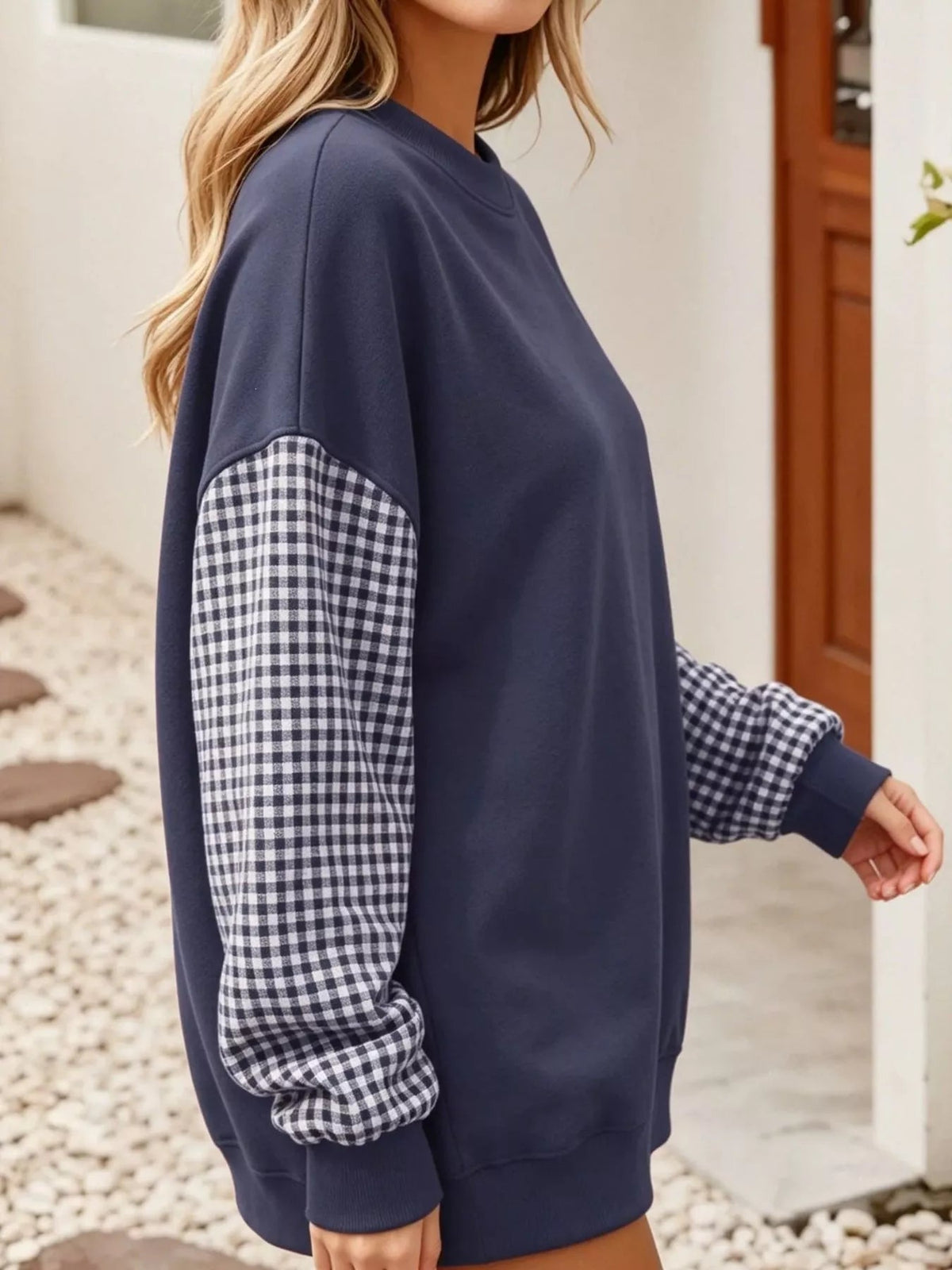 Plaid Dropped Shoulder Sweatshirt - Bitsy Gypsy Boutique