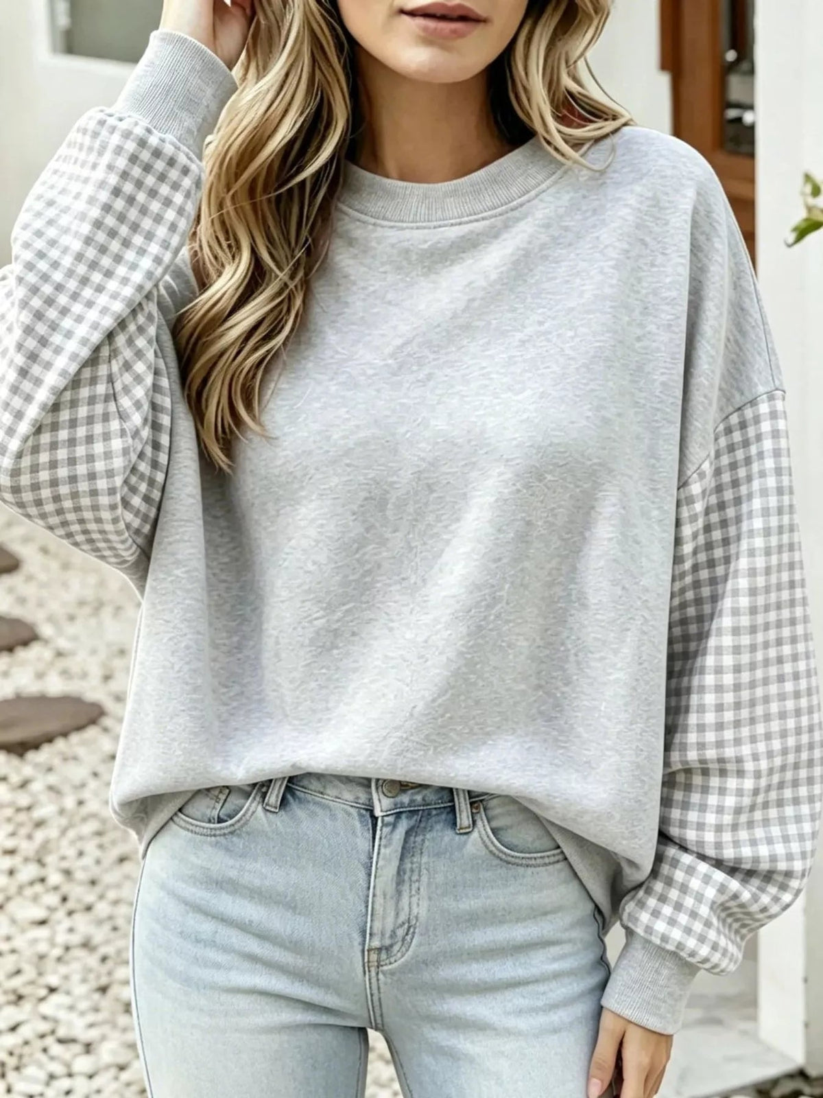 Plaid Dropped Shoulder Sweatshirt - Bitsy Gypsy Boutique