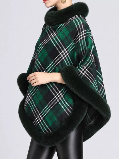 Plaid Faux Fur Trimmed Poncho Cape Outerwear - Bitsy Gypsy Boutique