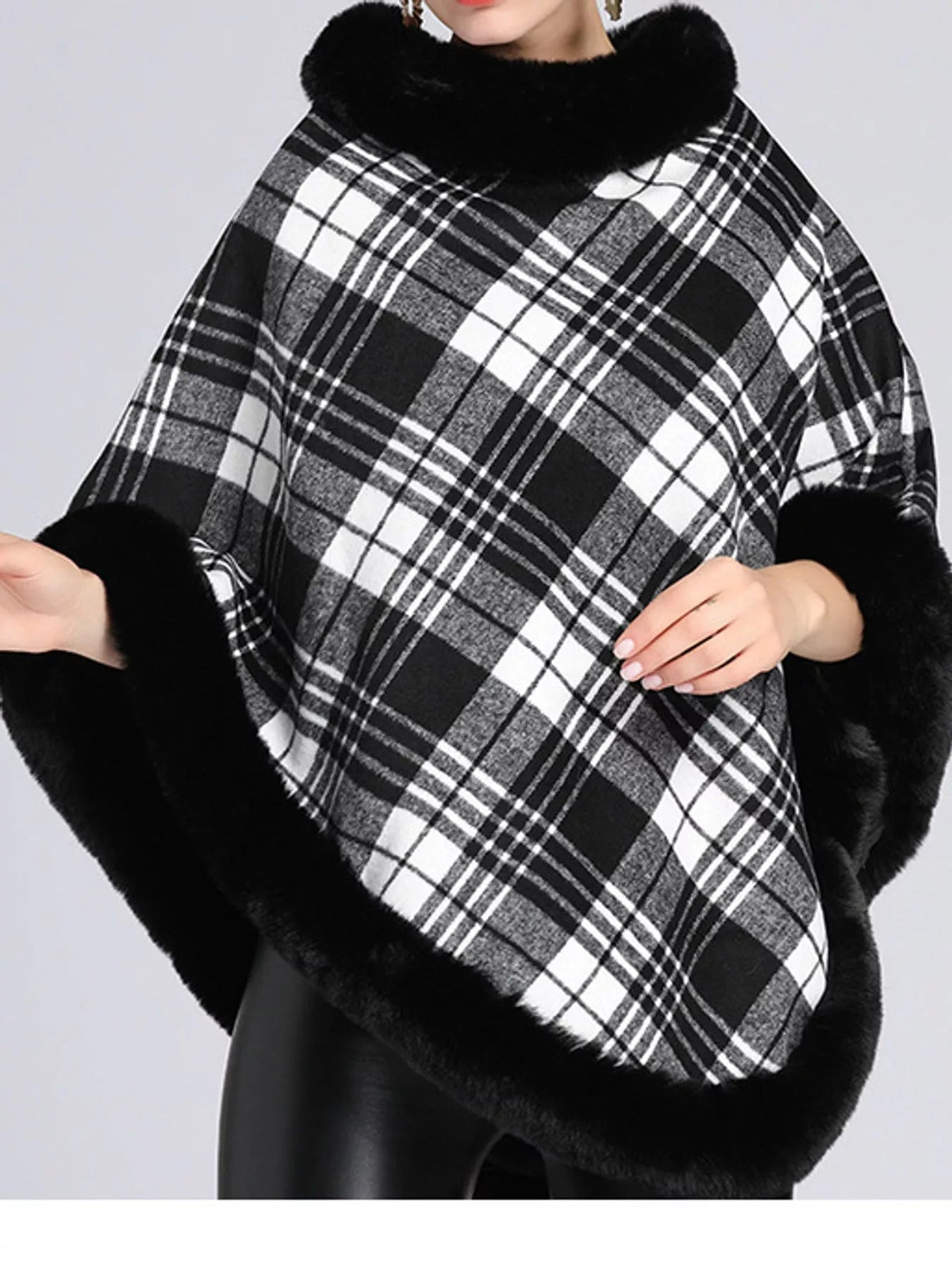 Plaid Faux Fur Trimmed Poncho Cape Outerwear - Bitsy Gypsy Boutique