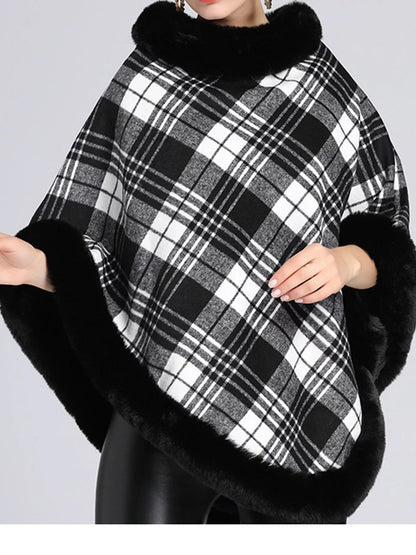 Plaid Faux Fur Trimmed Poncho Cape Outerwear - Bitsy Gypsy Boutique