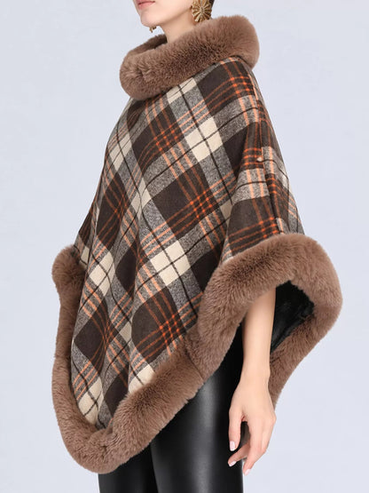 Plaid Faux Fur Trimmed Poncho Cape Outerwear - Bitsy Gypsy Boutique