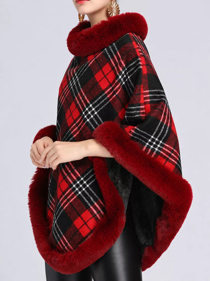 Plaid Faux Fur Trimmed Poncho Cape Outerwear - Bitsy Gypsy Boutique
