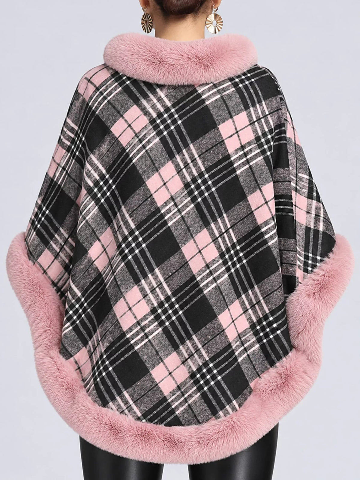 Plaid Faux Fur Trimmed Poncho Cape Outerwear - Bitsy Gypsy Boutique