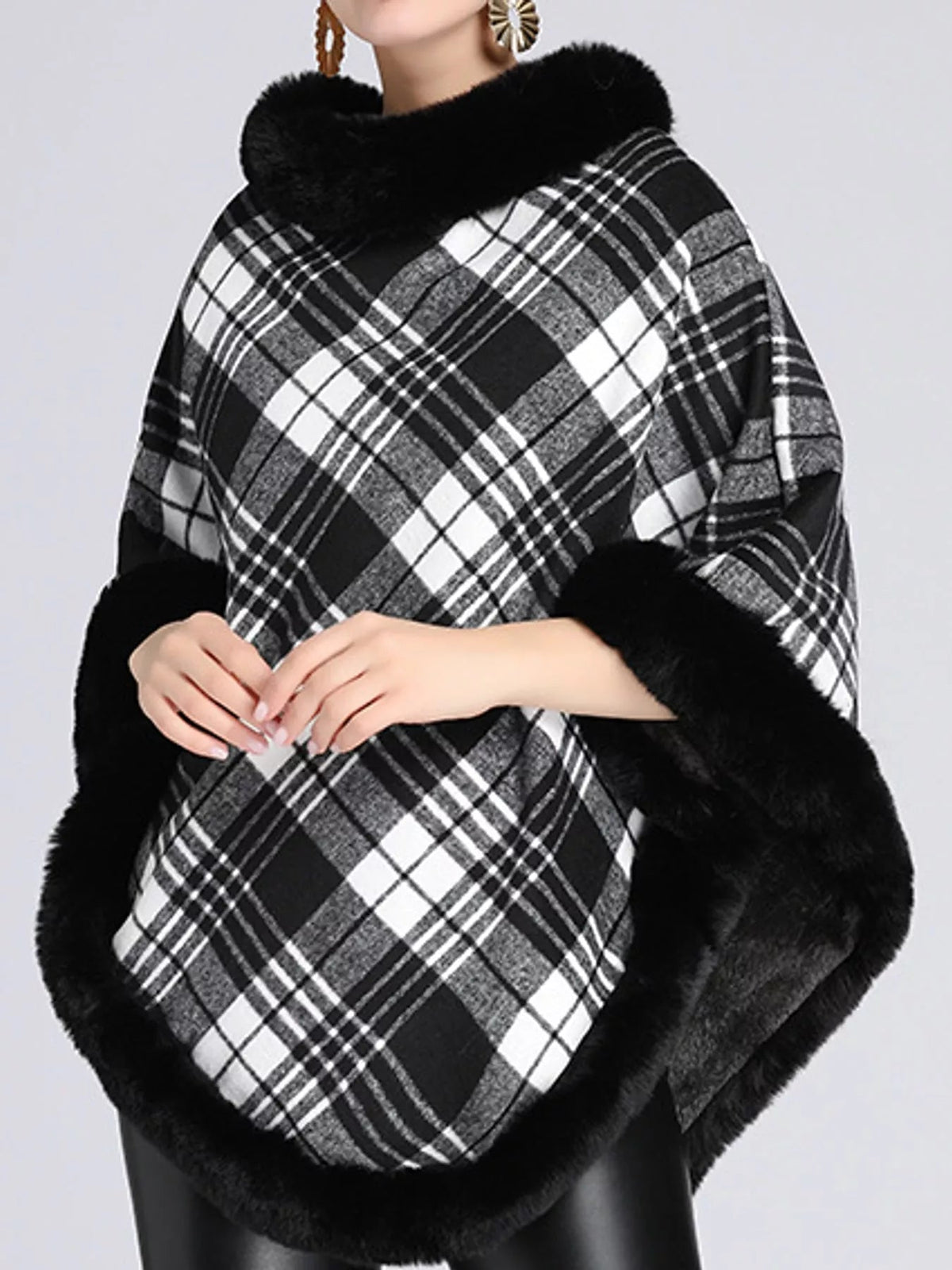 Plaid Faux Fur Trimmed Poncho Cape Outerwear - Bitsy Gypsy Boutique