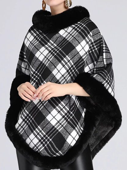 Plaid Faux Fur Trimmed Poncho Cape Outerwear - Bitsy Gypsy Boutique