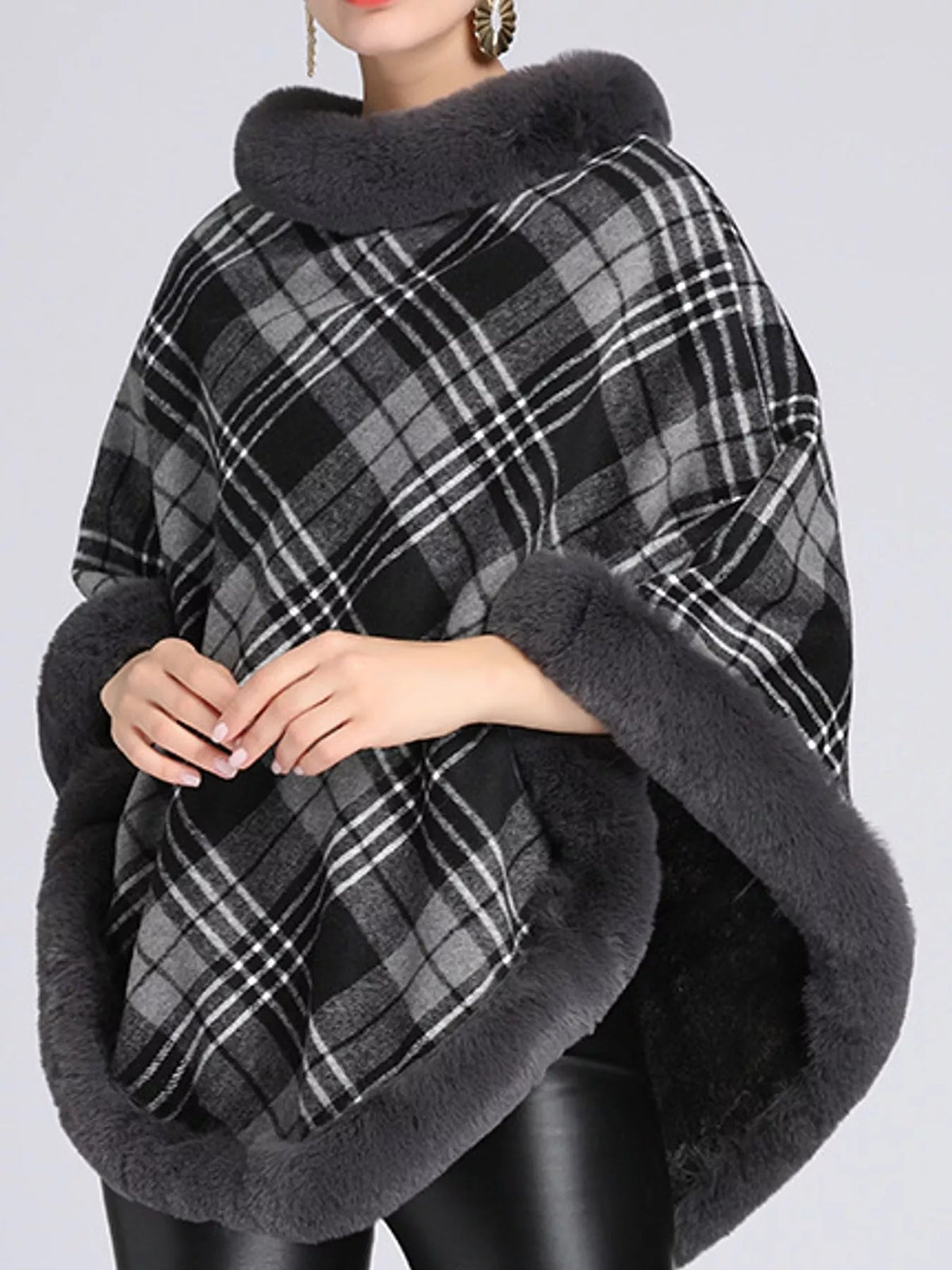 Plaid Faux Fur Trimmed Poncho Cape Outerwear - Bitsy Gypsy Boutique
