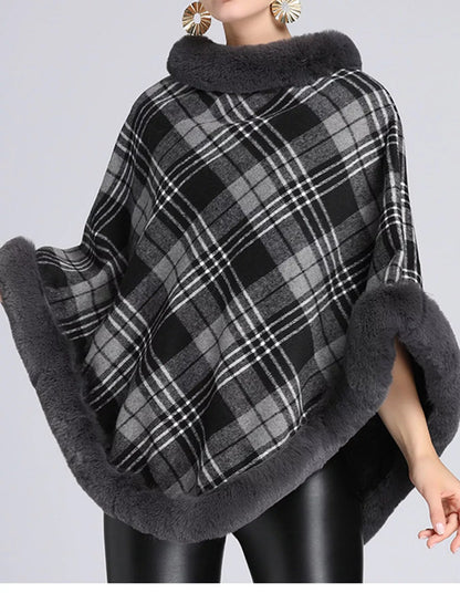 Plaid Faux Fur Trimmed Poncho Cape Outerwear - Bitsy Gypsy Boutique