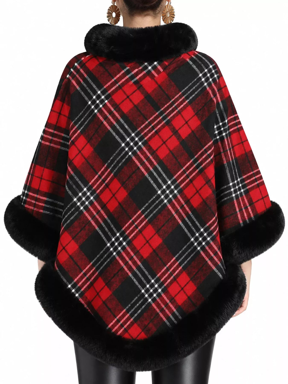 Plaid Faux Fur Trimmed Poncho Cape Outerwear - Bitsy Gypsy Boutique