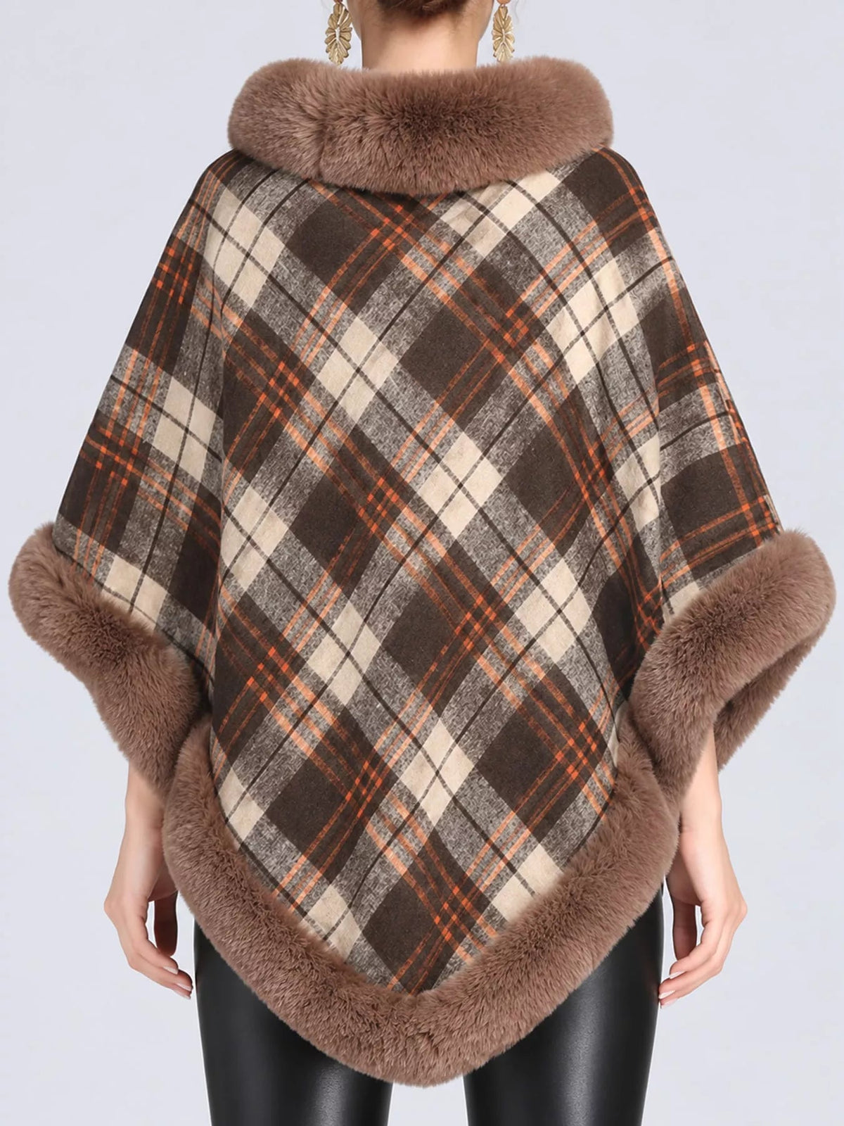 Plaid Faux Fur Trimmed Poncho Cape Outerwear - Bitsy Gypsy Boutique