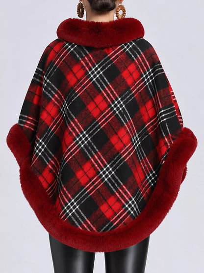 Plaid Faux Fur Trimmed Poncho Cape Outerwear - Bitsy Gypsy Boutique