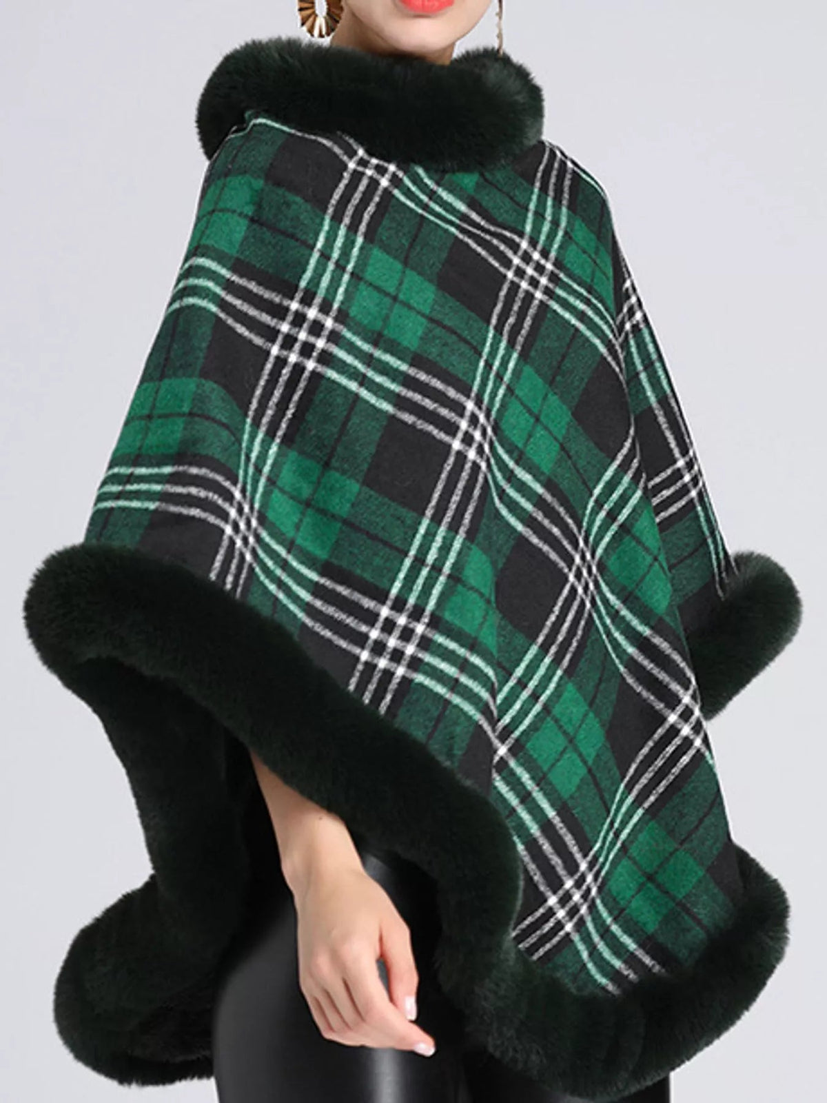 Plaid Faux Fur Trimmed Poncho Cape Outerwear - Bitsy Gypsy Boutique
