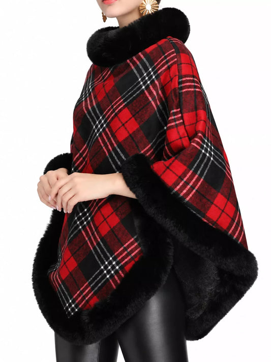 Plaid Faux Fur Trimmed Poncho Cape Outerwear - Bitsy Gypsy Boutique