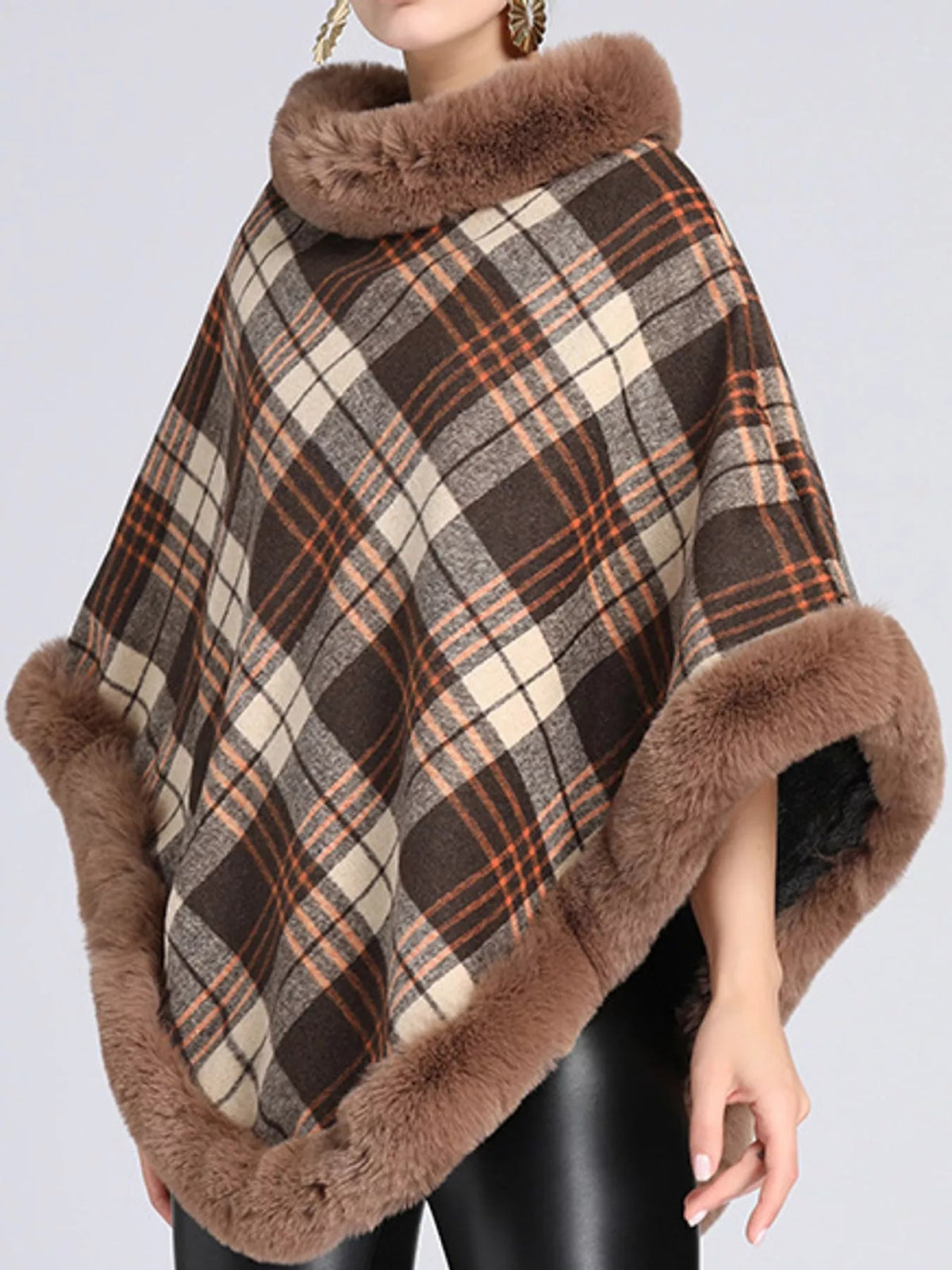 Plaid Faux Fur Trimmed Poncho Cape Outerwear - Bitsy Gypsy Boutique