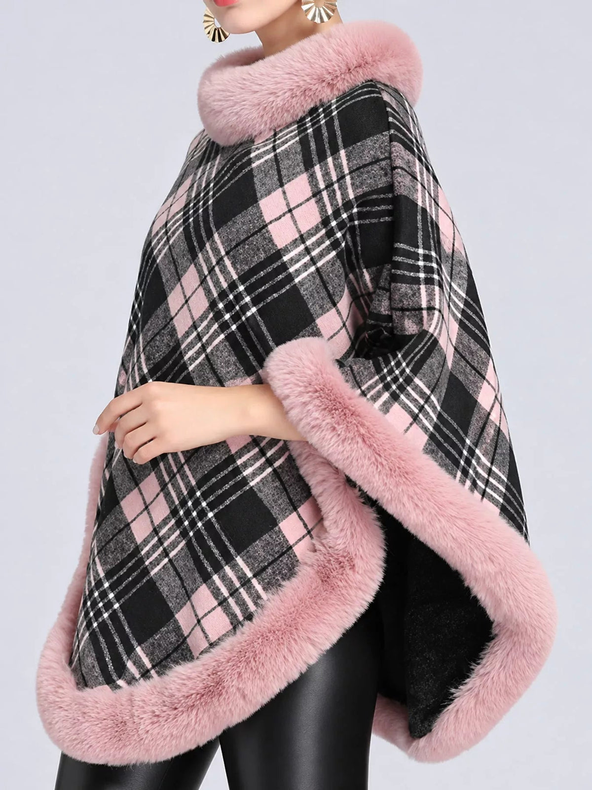 Plaid Faux Fur Trimmed Poncho Cape Outerwear - Bitsy Gypsy Boutique