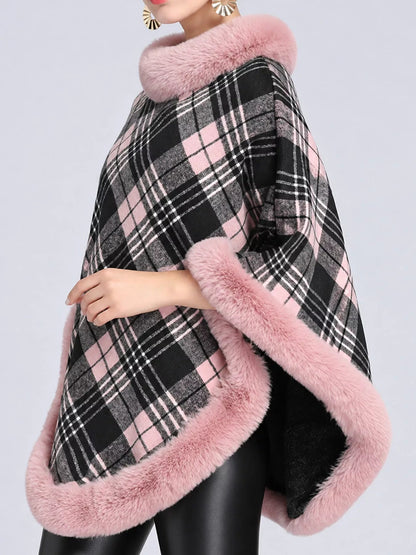 Plaid Faux Fur Trimmed Poncho Cape Outerwear - Bitsy Gypsy Boutique