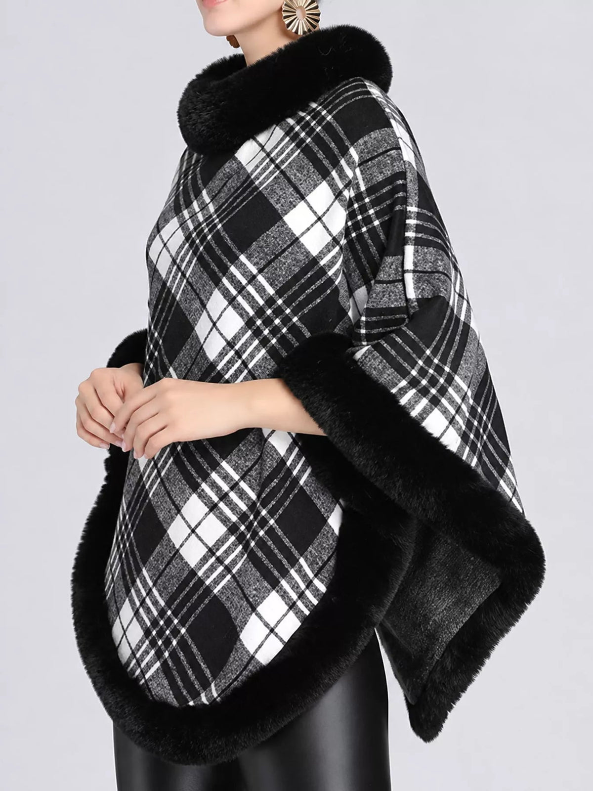 Plaid Faux Fur Trimmed Poncho Cape Outerwear - Bitsy Gypsy Boutique