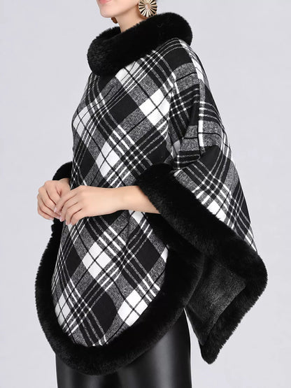 Plaid Faux Fur Trimmed Poncho Cape Outerwear - Bitsy Gypsy Boutique