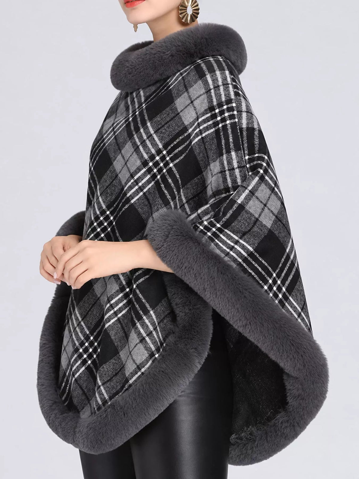 Plaid Faux Fur Trimmed Poncho Cape Outerwear - Bitsy Gypsy Boutique