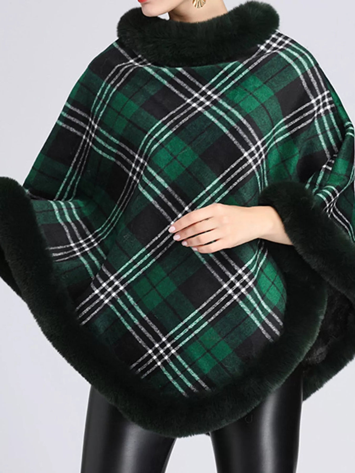 Plaid Faux Fur Trimmed Poncho Cape Outerwear - Bitsy Gypsy Boutique