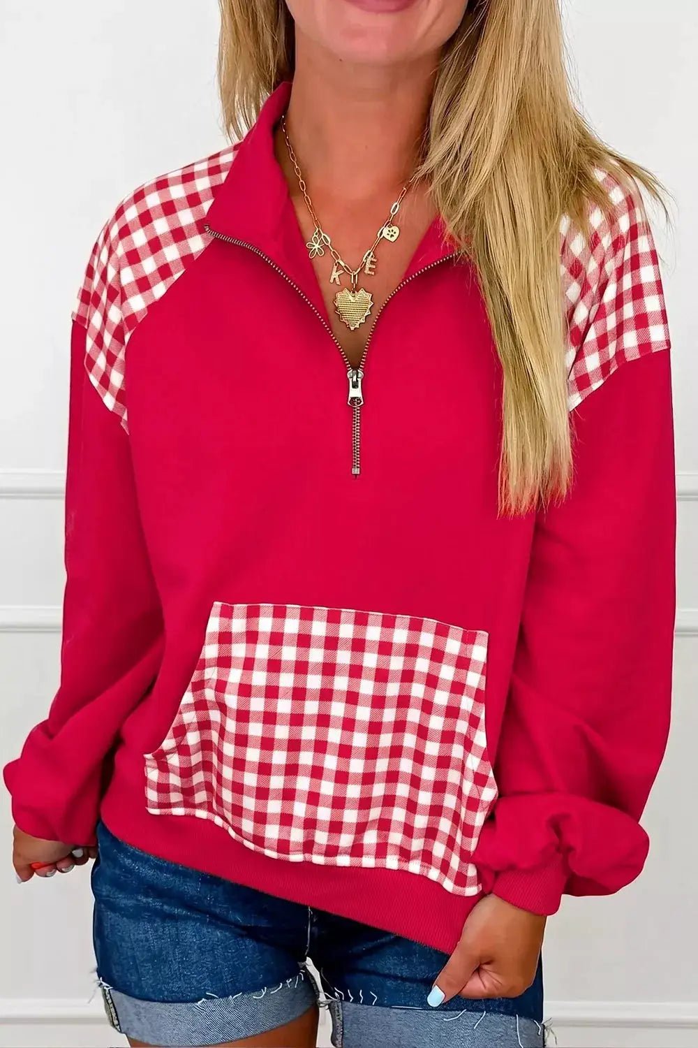 Plaid Kangaroo Pocket Quarter-Zip Sweatshirt - Bitsy Gypsy Boutique