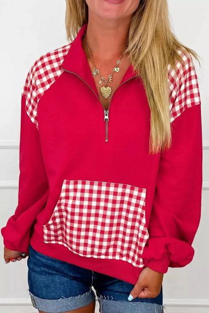 Plaid Kangaroo Pocket Quarter-Zip Sweatshirt - Bitsy Gypsy Boutique