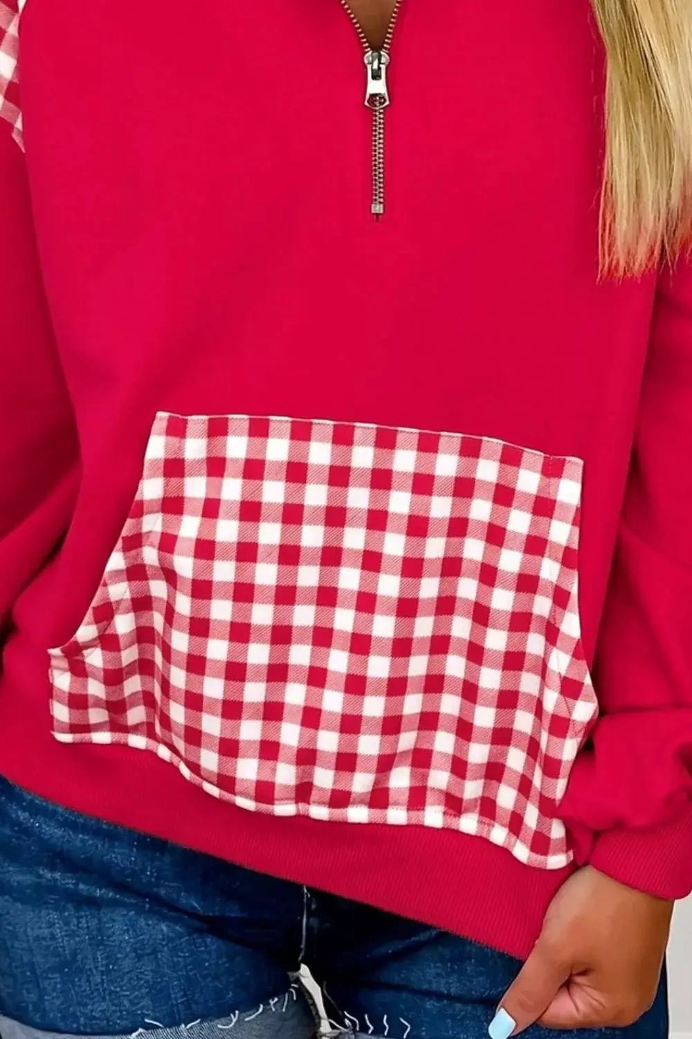 Plaid Kangaroo Pocket Quarter-Zip Sweatshirt - Bitsy Gypsy Boutique