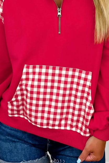 Plaid Kangaroo Pocket Quarter-Zip Sweatshirt - Bitsy Gypsy Boutique