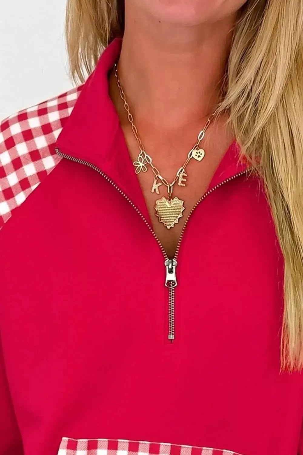 Plaid Kangaroo Pocket Quarter-Zip Sweatshirt - Bitsy Gypsy Boutique