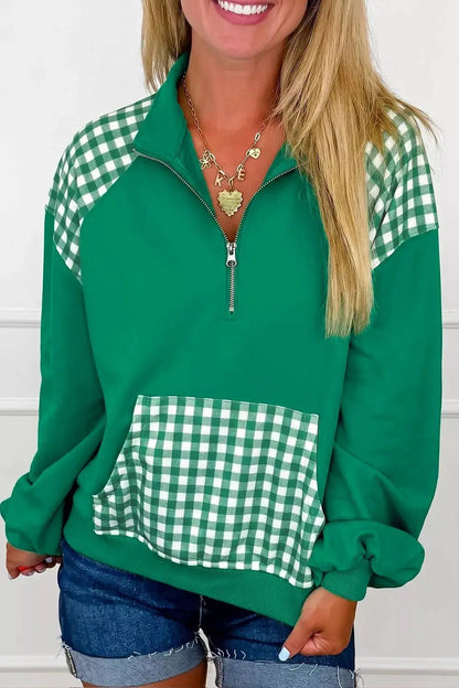 Plaid Kangaroo Pocket Quarter-Zip Sweatshirt - Bitsy Gypsy Boutique