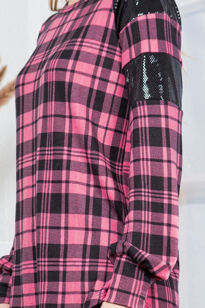 Plaid Print Pullover with Sequin Foil Contrast - Bitsy Gypsy Boutique