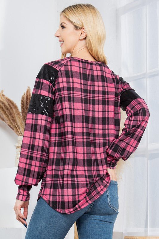 Plaid Print Pullover with Sequin Foil Contrast - Bitsy Gypsy Boutique
