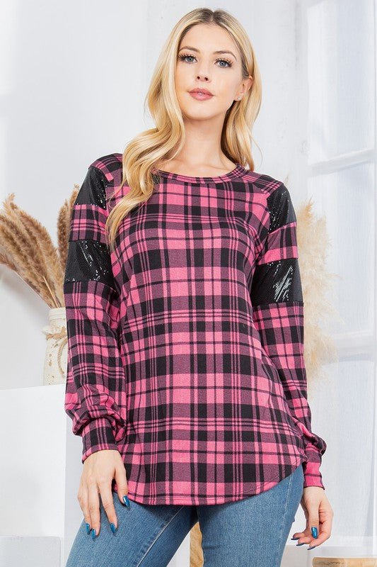 Plaid Print Pullover with Sequin Foil Contrast - Bitsy Gypsy Boutique