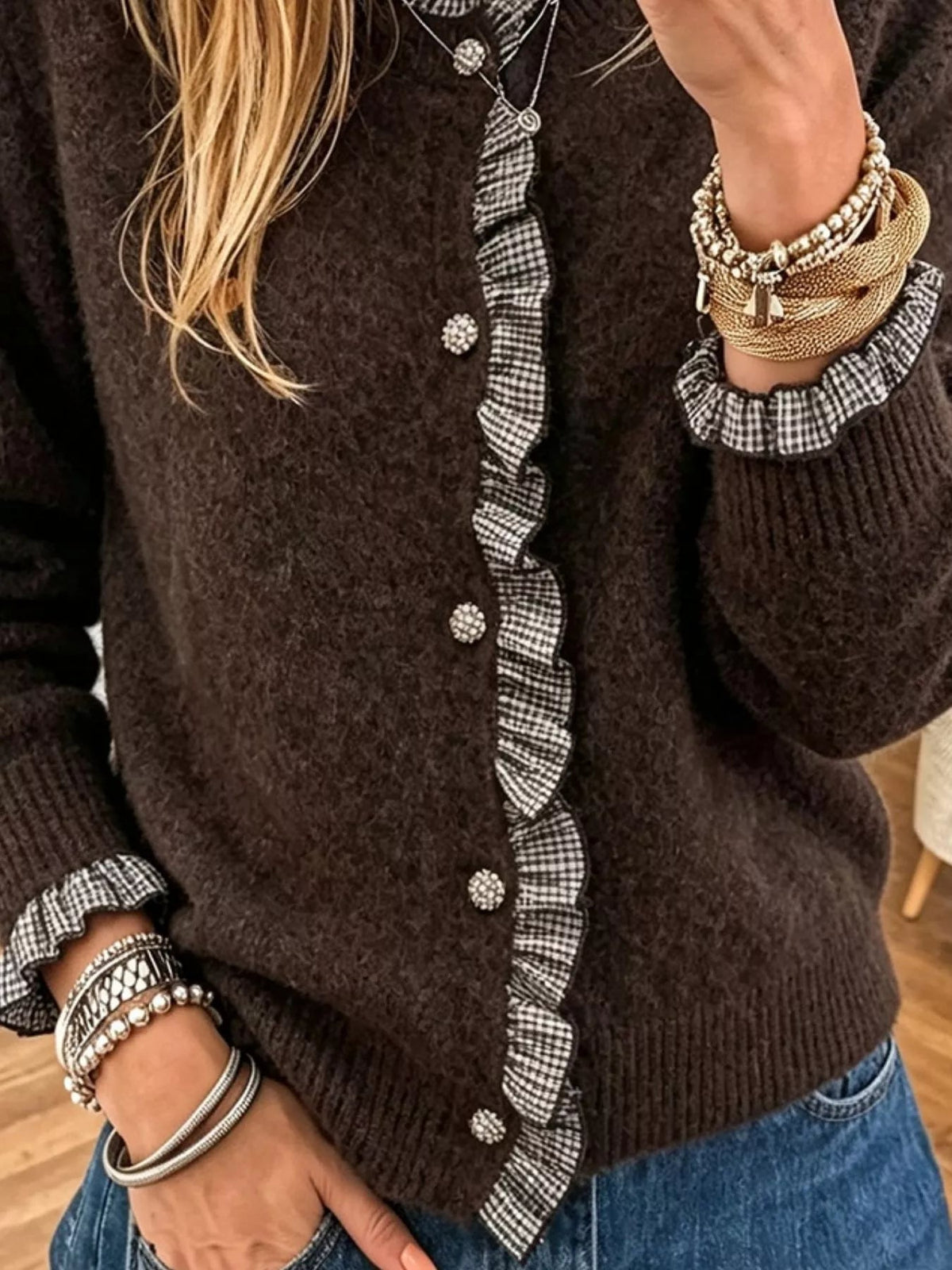 Plaid Ruffle Trim Patchwork Button Sweater Cardigan - Bitsy Gypsy Boutique