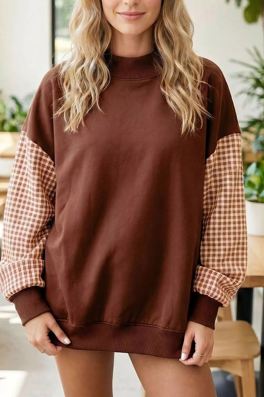 Plaid Sleeve Colorblock Loose Tunic Sweatshirt - Bitsy Gypsy Boutique