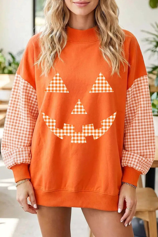 Plaid Sleeve Halloween Pumpkin Face Graphic Sweatshirt - Bitsy Gypsy Boutique