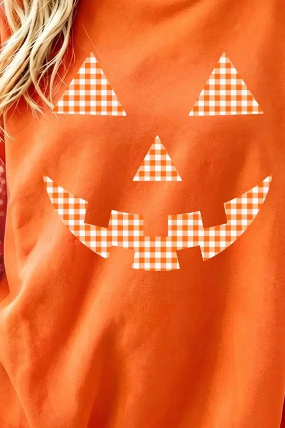 Plaid Sleeve Halloween Pumpkin Face Graphic Sweatshirt - Bitsy Gypsy Boutique